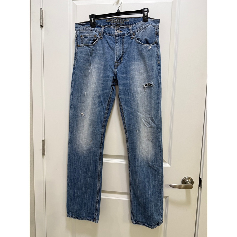 American Eagle Outfitters Mens 34x34 Light Wash Distressed Straight Leg Jeans